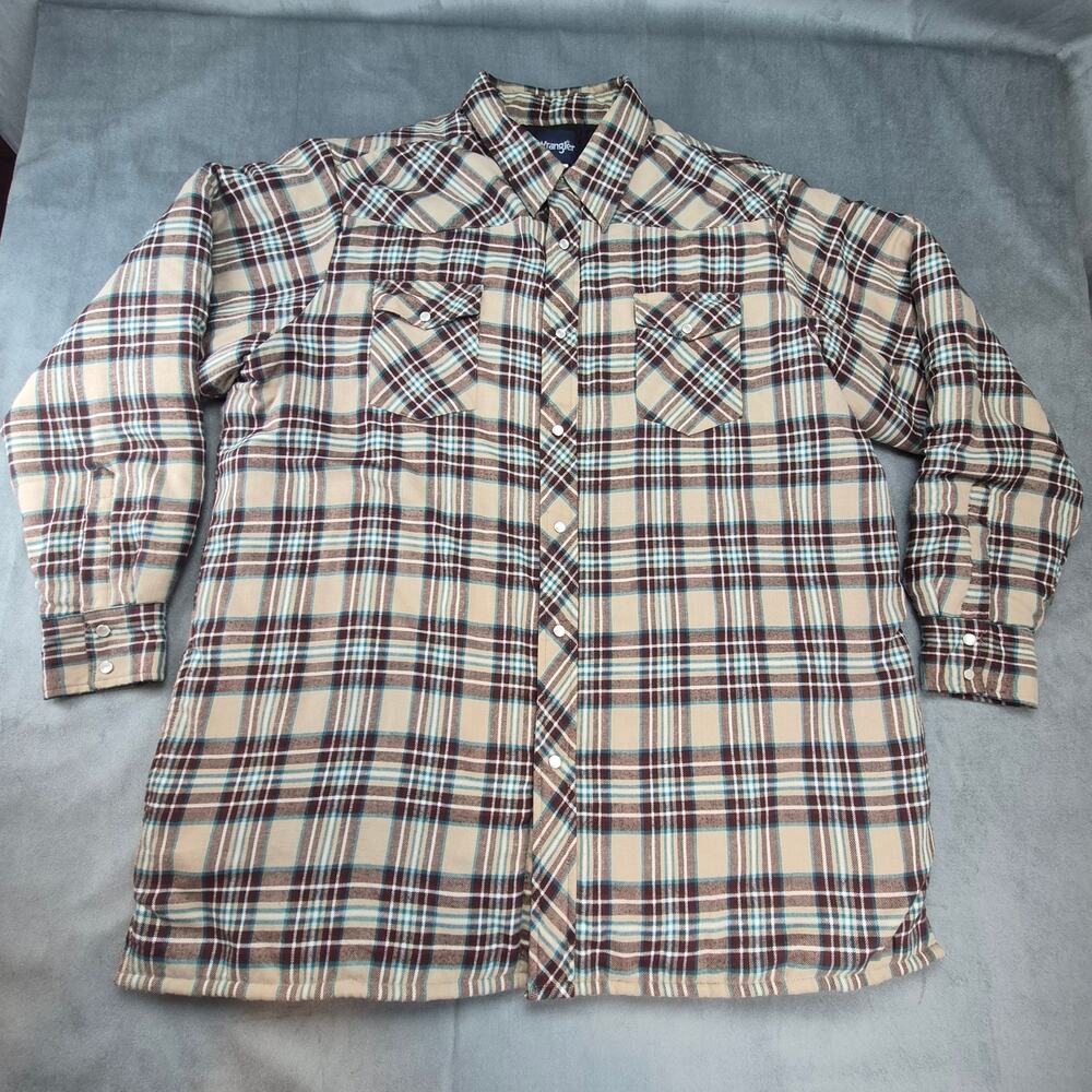 Wrangler Quilted Pearl Snap Flannel Jacket Shacket Brown Teal 75108AA Mens 2XLT